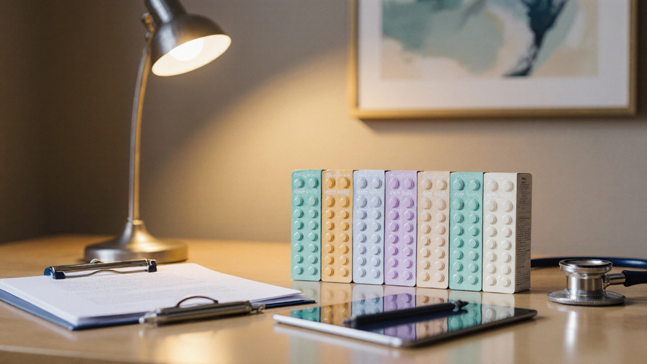 A countertop with various antibiotic blister packs, a stethoscope and medical tools.