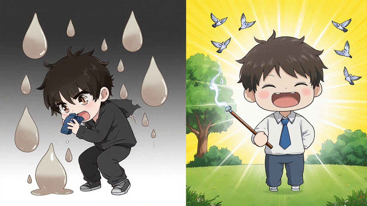 Before-and-after chibi scene: coughing smoker transformed to happy, breathing easily