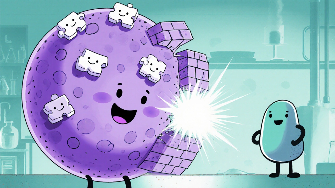 Cartoon Cefaclor tablets attaching to a bacterial cell wall and causing it to burst.