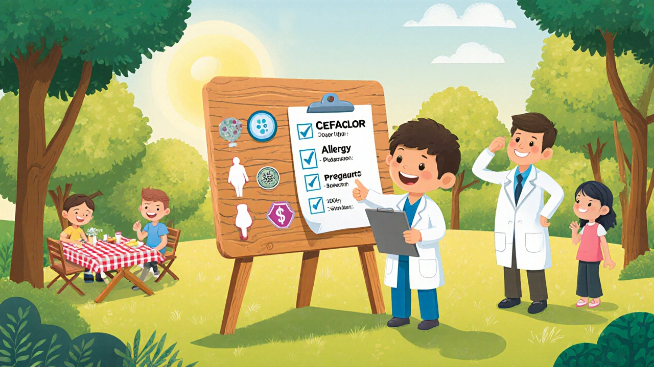 Checklist board with icons for infection, allergy, pregnancy, and cost as a child selects Cefaclor.