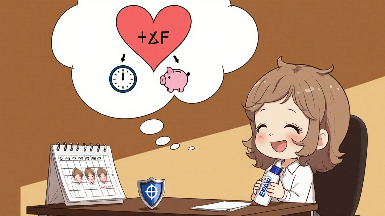 Chibi adult weighing convenience, cost, and risk while using Morr F, with hair thickening over months.