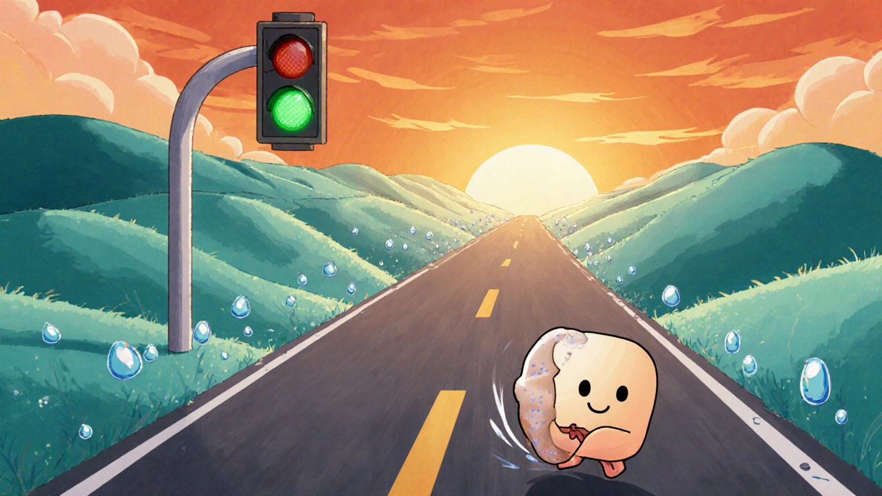 Chibi bisacodyl tablet as a green traffic light on a colon highway.