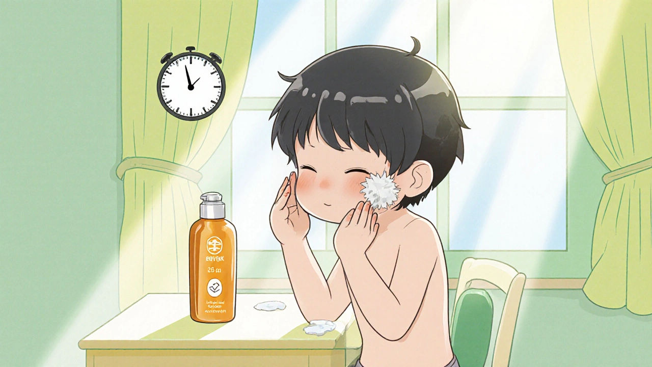 Chibi character applying moisturizer and sunscreen after benzoyl peroxide.
