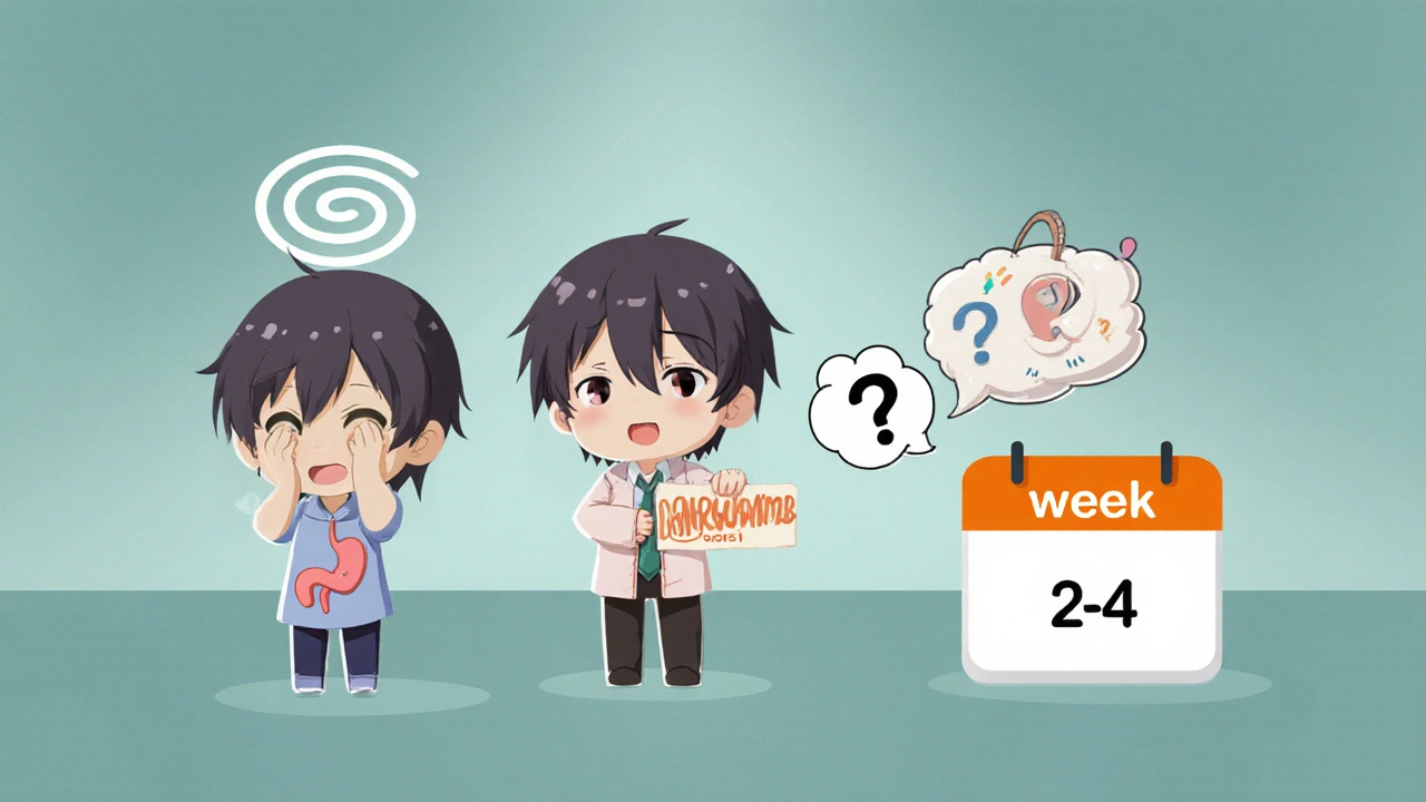 Chibi characters showing dizziness, nausea, and confusion as early hyponatremia signs.