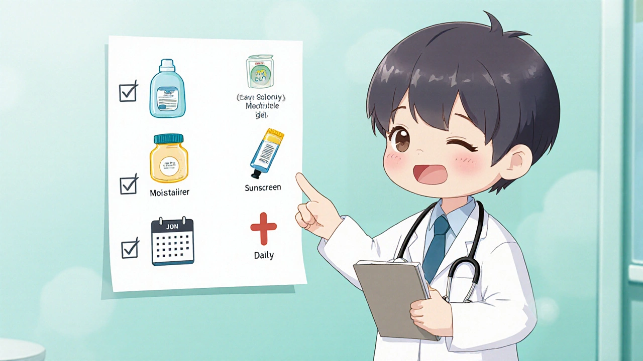 Chibi checklist with skincare items and a doctor advising safe use.