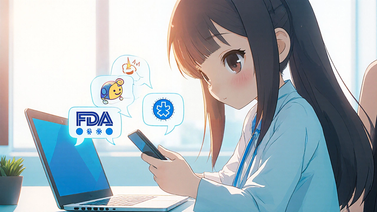 Chibi clinician receiving alert icons on phone and laptop with flashing bubbles.