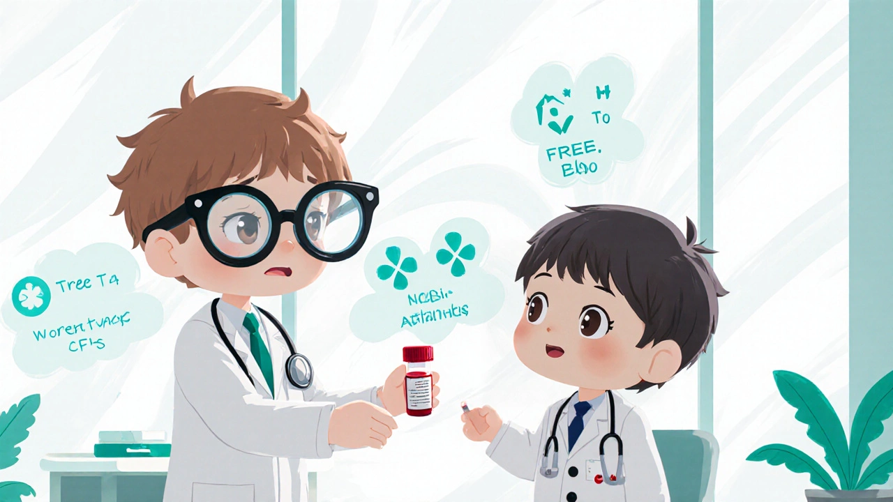 Chibi doctor checking blood sample of patient with floating lab icons.