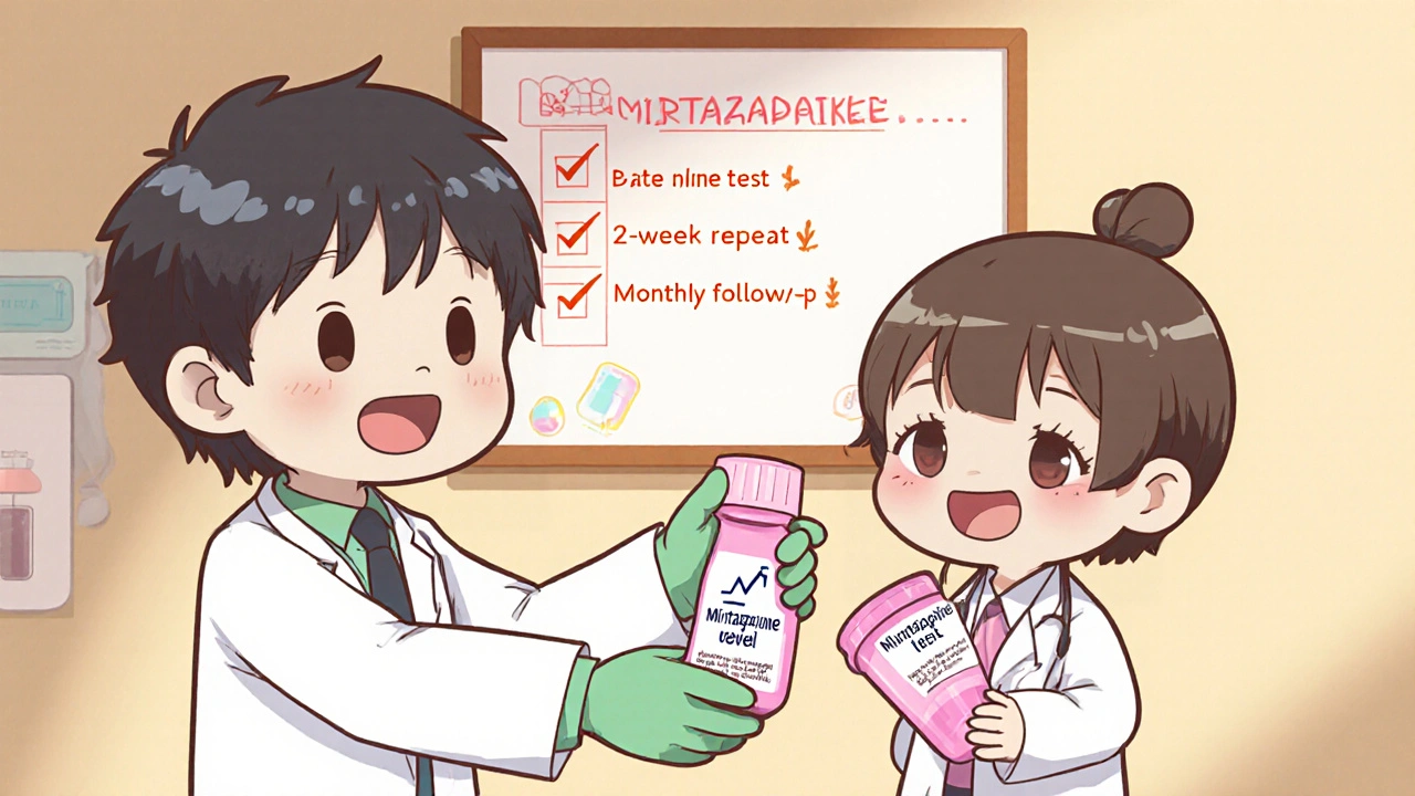 Chibi doctor switching patient to mirtazapine while a lab shows sodium improvement.