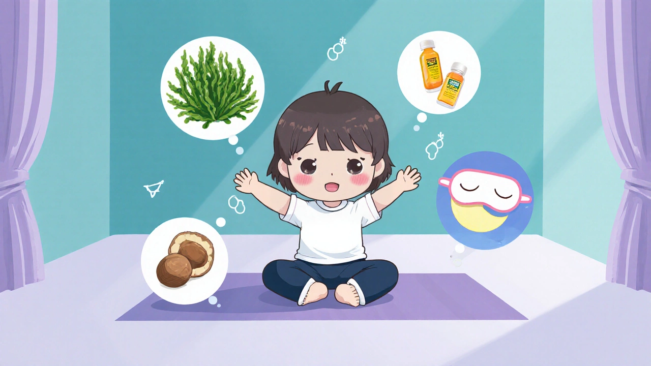 Chibi figure doing yoga surrounded by nutrition and sleep icons.