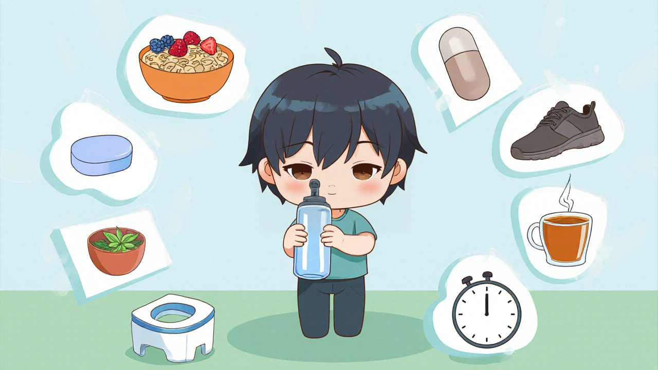 Chibi figure with icons of water, fiber food, supplements, walking, tea, and bathroom.