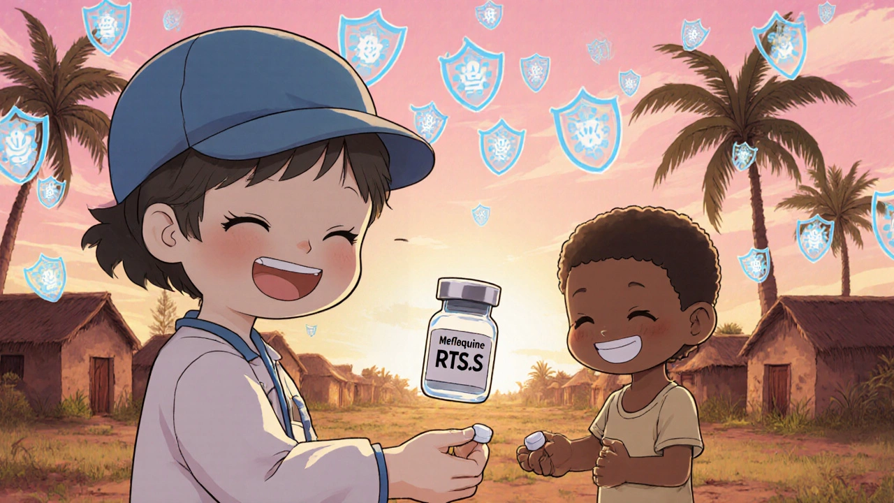 Chibi health worker gives Mefloquine tablet and vaccine to a smiling child in a village at sunset.