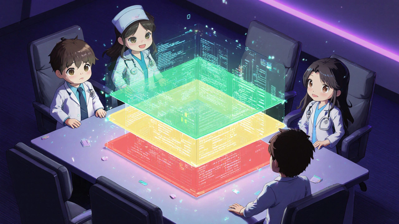 Chibi medical team viewing a holographic dashboard of tiered safety alerts.