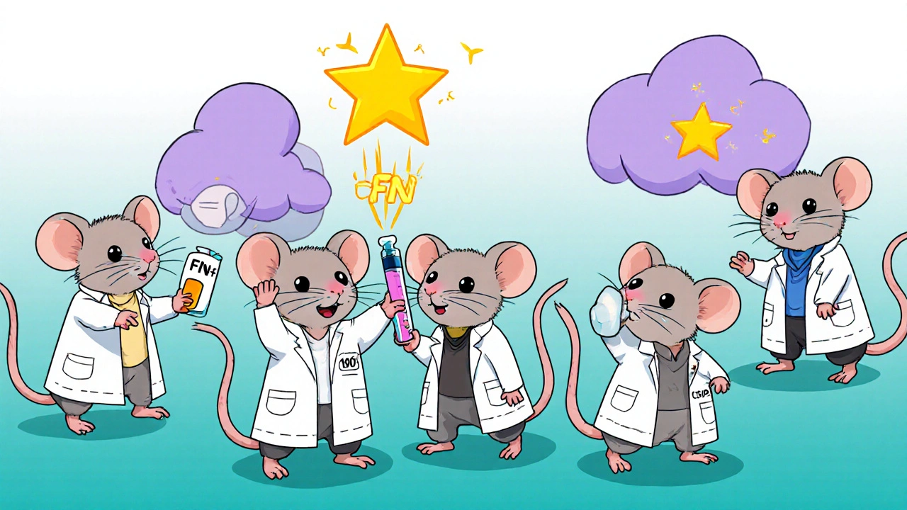 Chibi mice in lab coats receiving Mefloquine and vaccine, with IFN‑γ symbols rising.