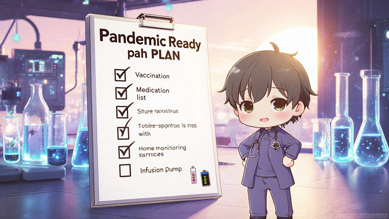 Chibi patient beside a checklist board with vaccination and infusion pump icons, hopeful future.