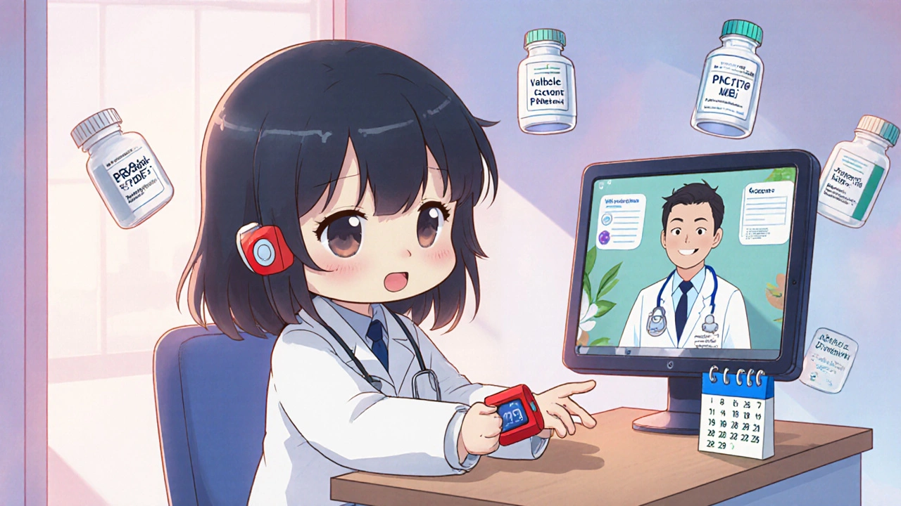 Chibi patient using pulse oximeter, tablet video call, and floating medication bottles.