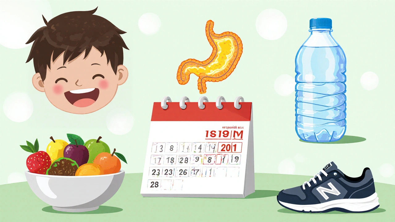 Chibi person with healthy gut, fruit, water bottle, and limited-use bisacodyl.
