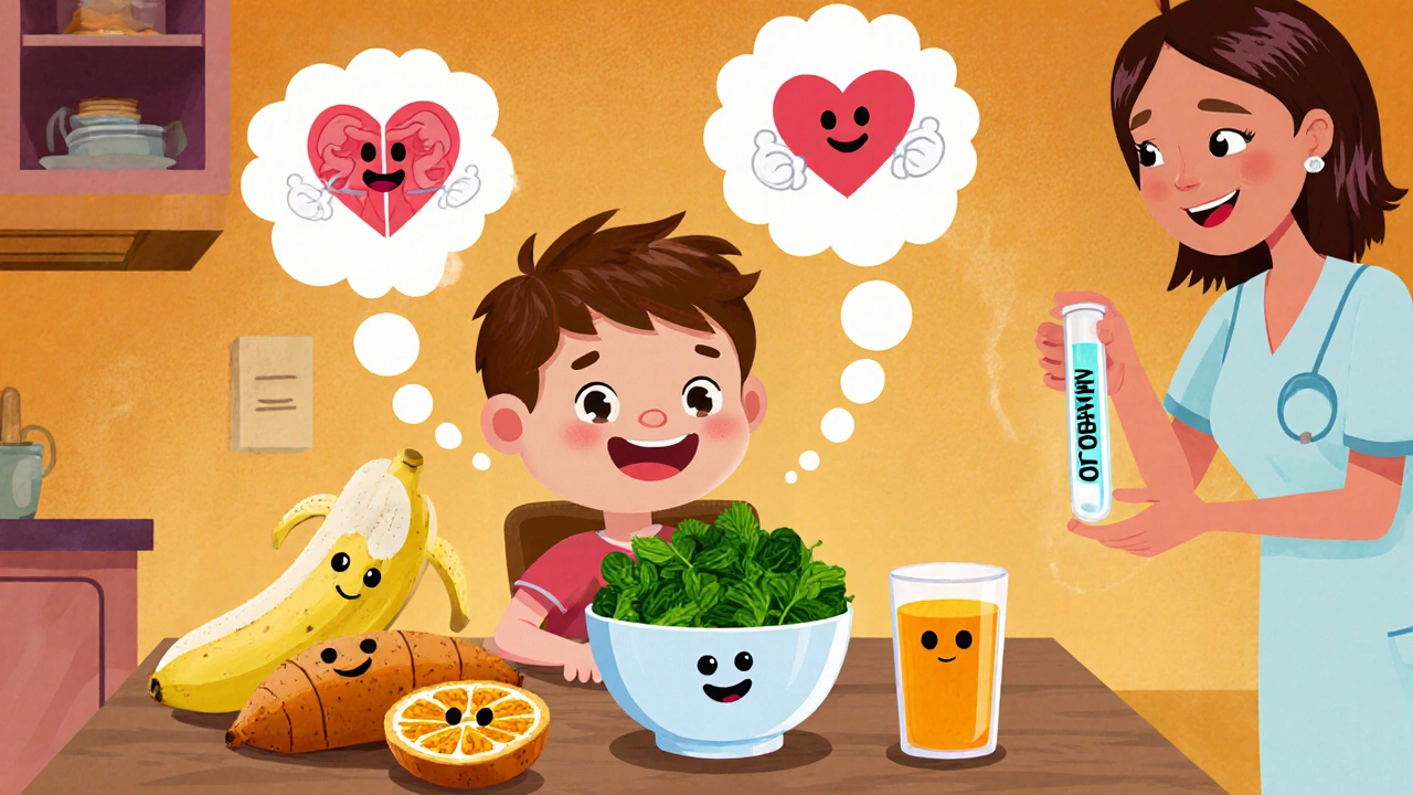 Child enjoys potassiumârich foods with thought bubbles of strong muscles and heart.