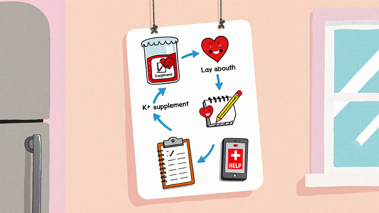 Colorful checklist showing lab test, supplement, logbook, heart monitor, and emergency phone.