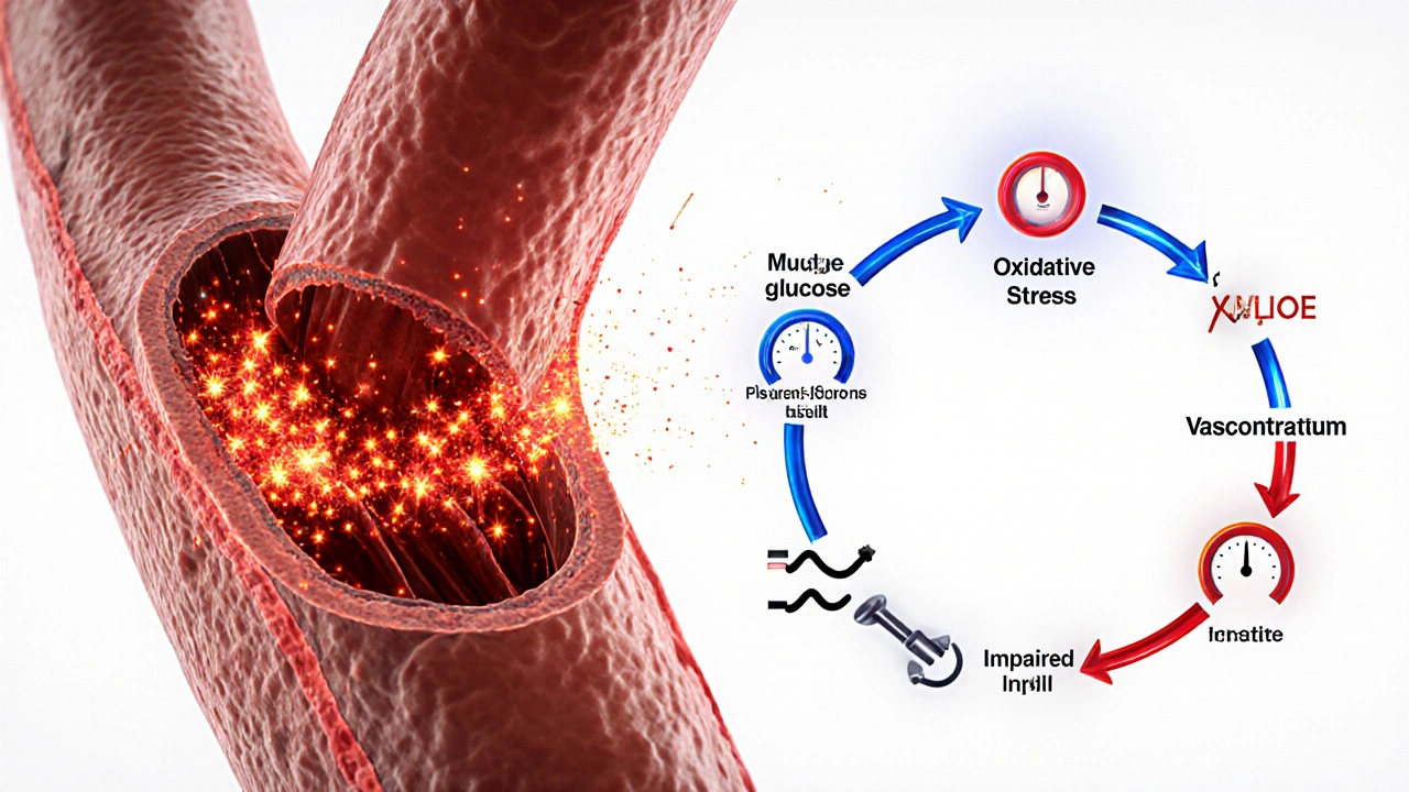 Cross‑section of an artery showing glucose buildup, oxidative stress, and a feedback loop of hypertension.