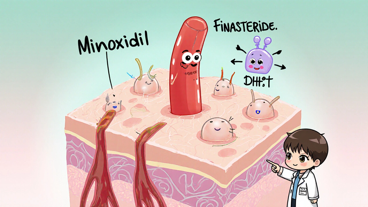 Cross‑section of scalp showing chibi follicles, Minoxidil vasodilation, and Finasteride blocking DHT.