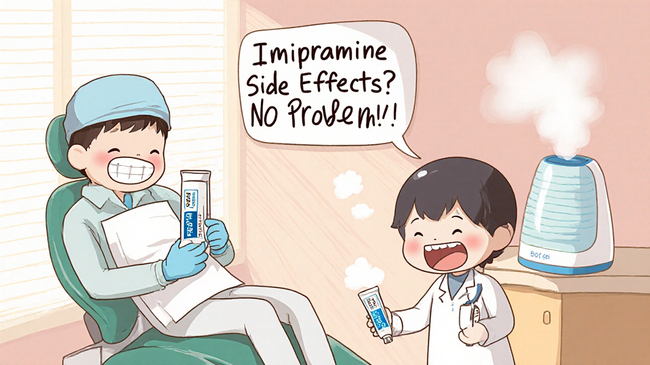 Cute patient receiving fluoride treatment at the dentist for imipramine-related dry mouth.