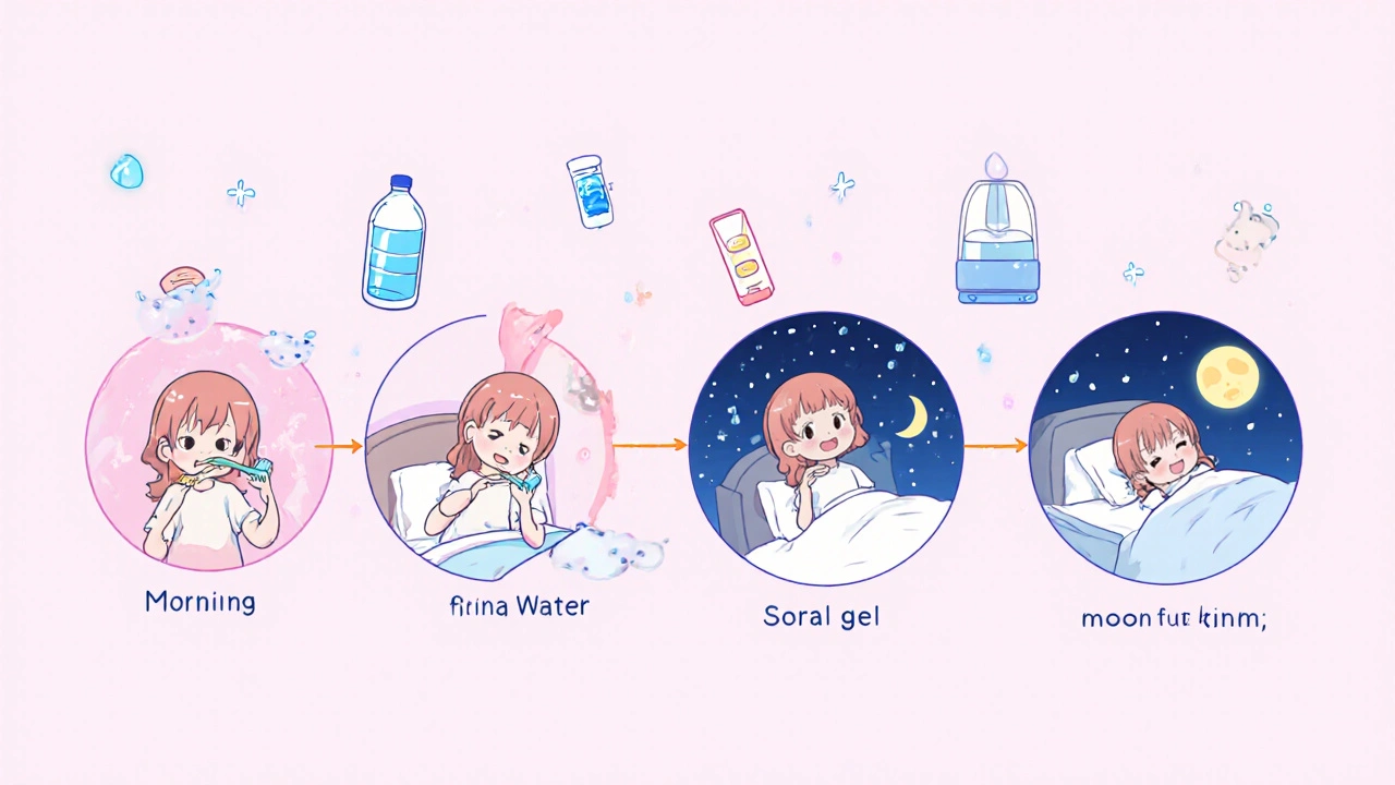 Daily routine of managing dry mouth with gum, water, gel, and humidifier in chibi style.