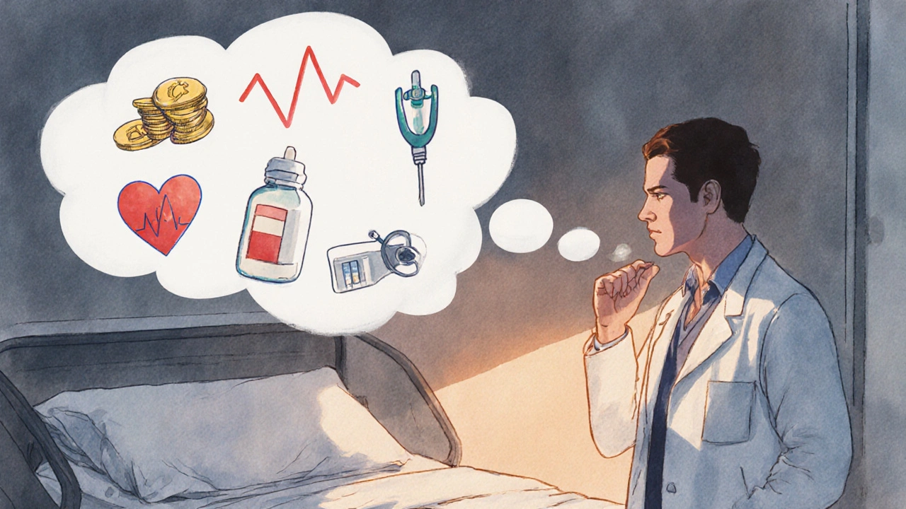 Doctor contemplating treatment options with symbolic icons for cost, heart, oral and IV options.