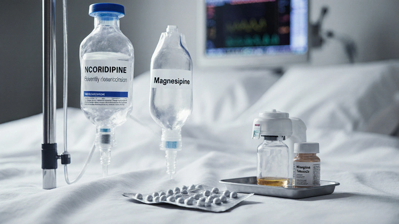 Hospital bedside displaying various drug forms: IV bags, magnesium vial, tablets, and pill bottle.