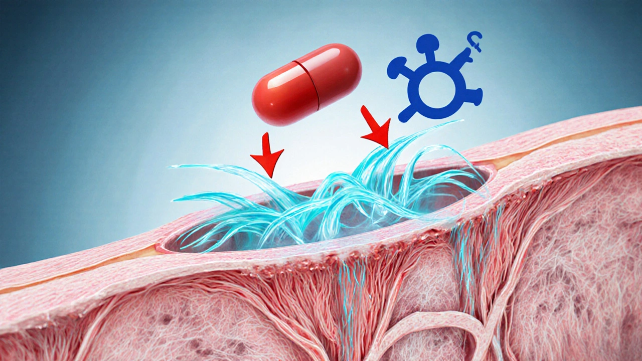 Illustration of vardenafil blocking PDE5, showing relaxed arterial smooth muscle.
