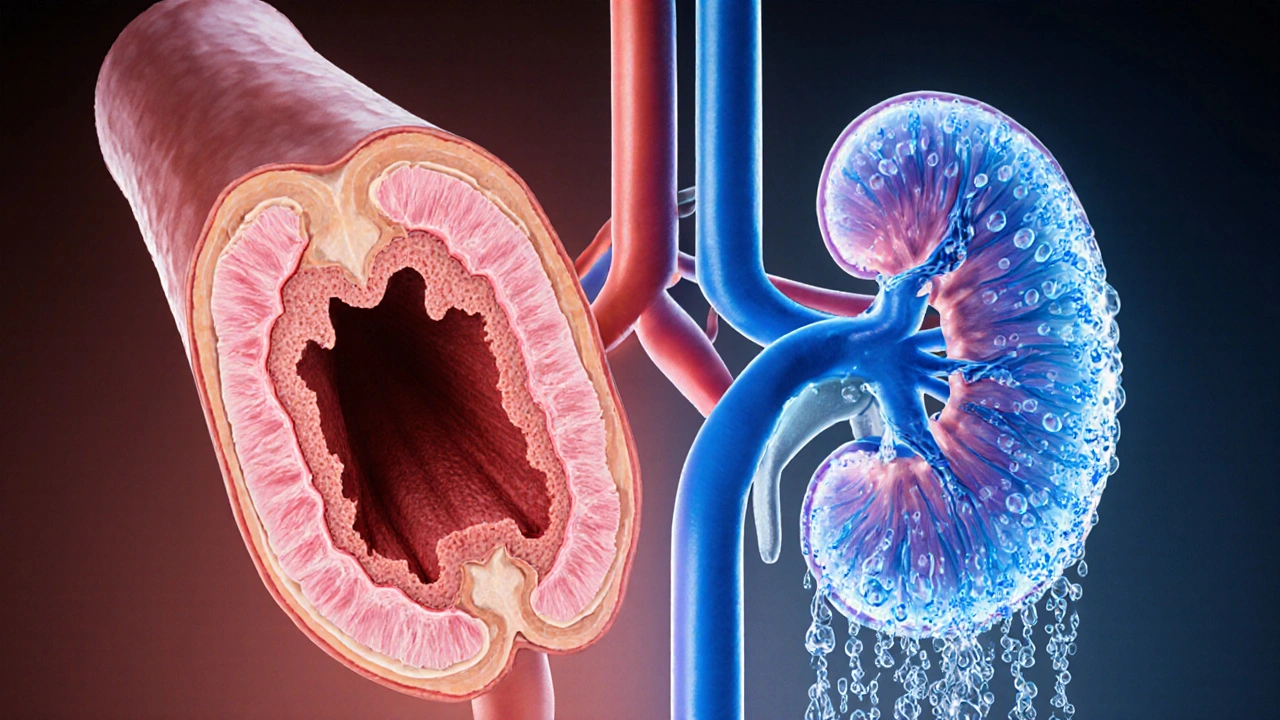 Illustration showing a relaxed artery and a kidney flushing water droplets.