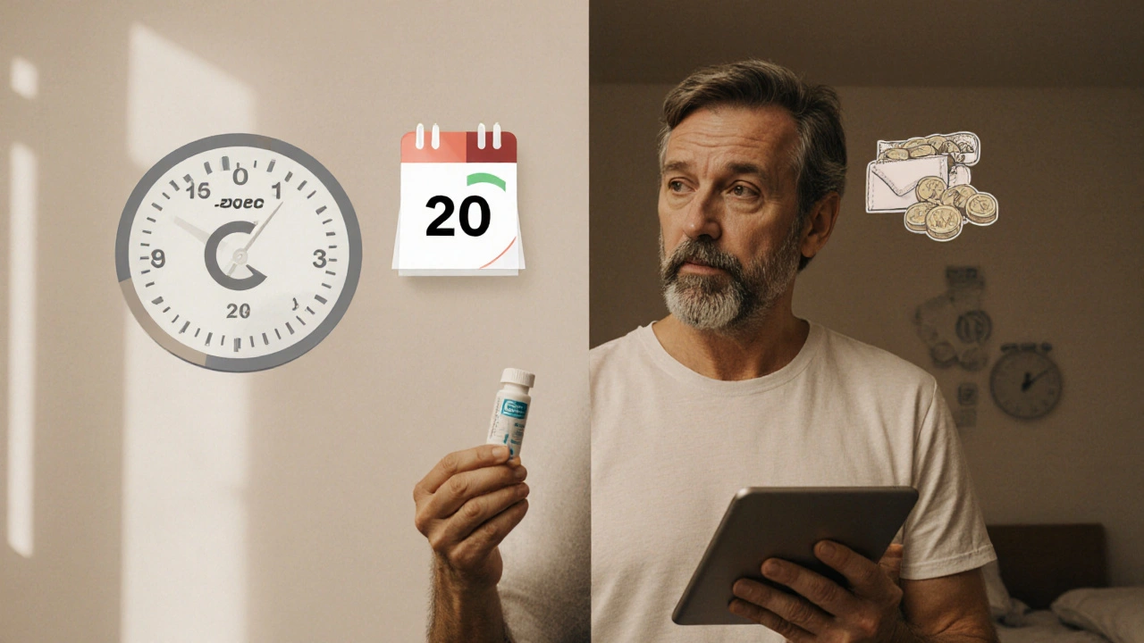 Man choosing between a softgel and a tablet, with icons for speed, duration, and cost.