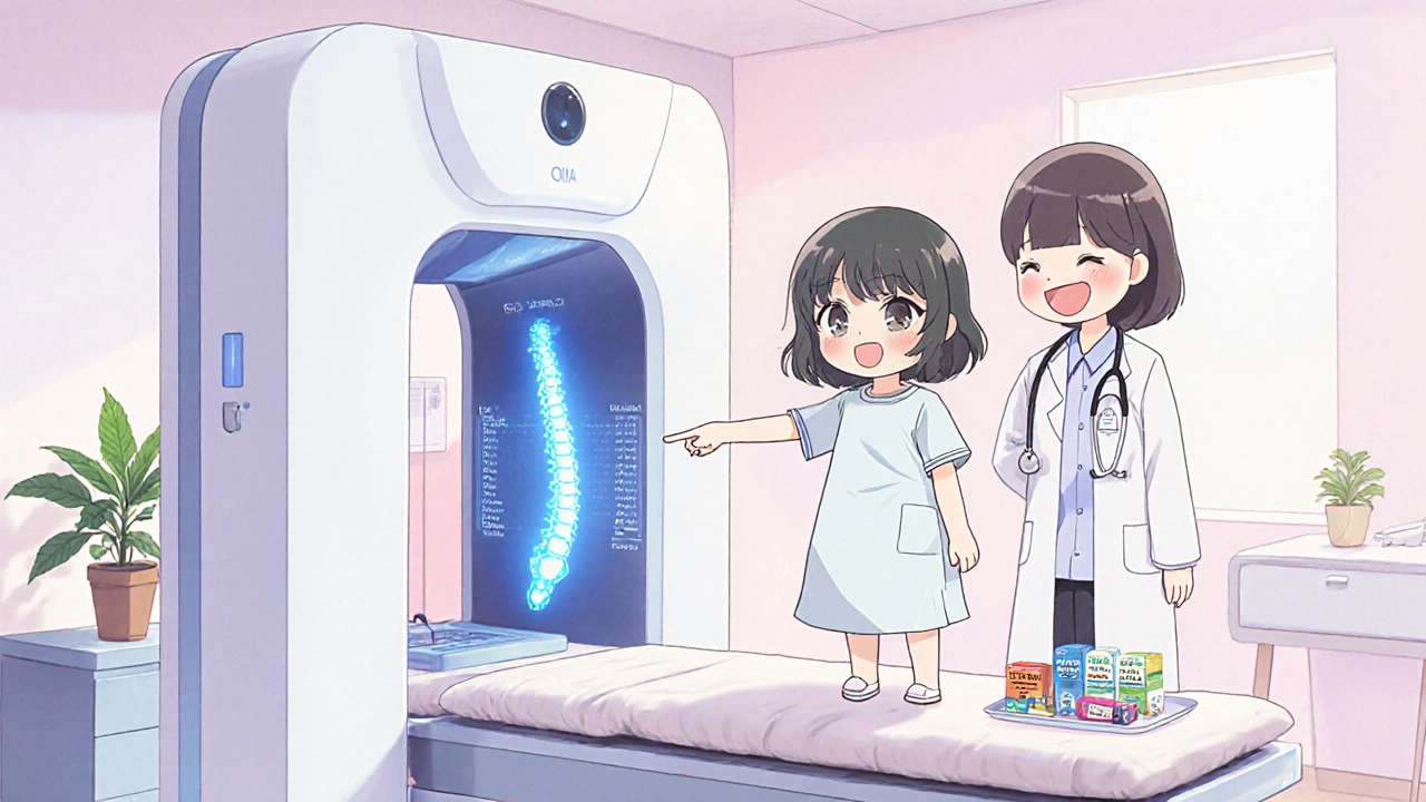 Maya on a medical table as a doctor uses a glowing DXA scanner to assess her spine.