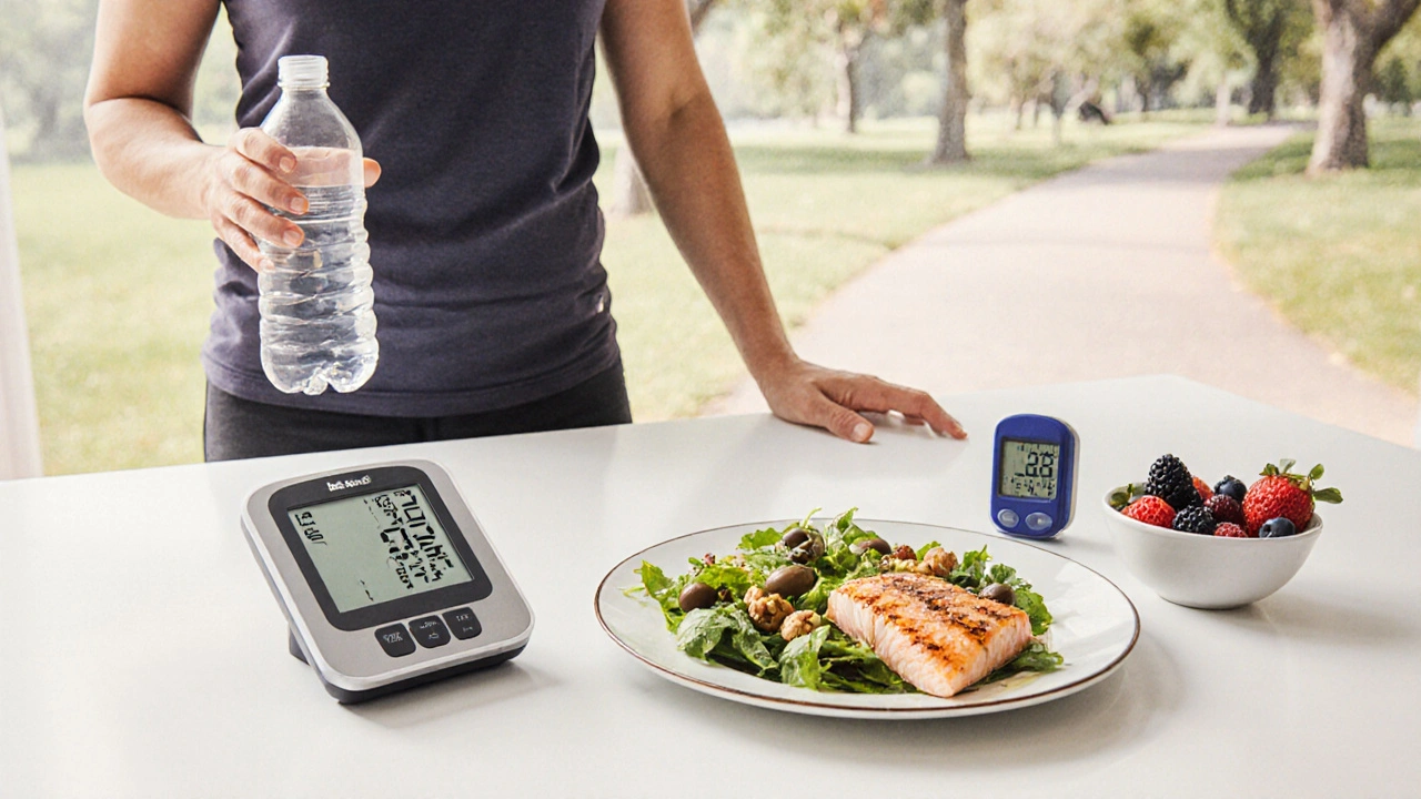 Mediterranean meal with blood pressure and glucose monitors, and a person ready for a walk.