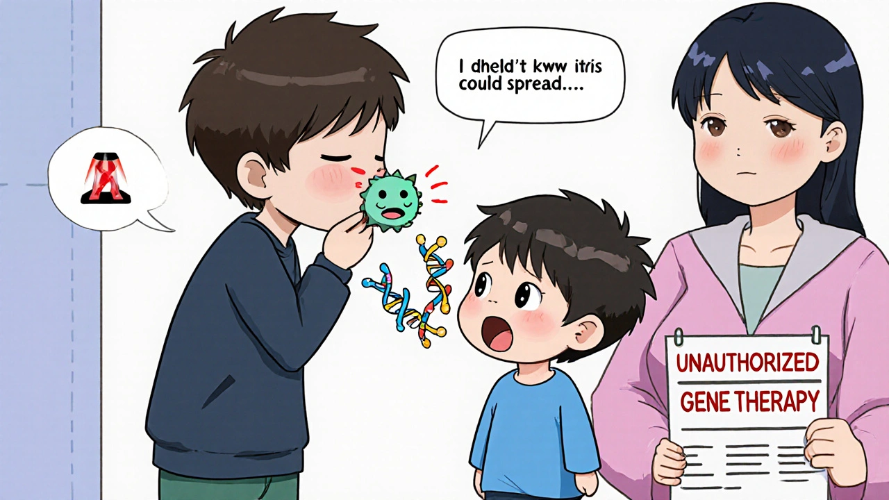 Parent kissing child, viral vector transferring unknowingly, family shocked by unauthorized gene therapy spread.