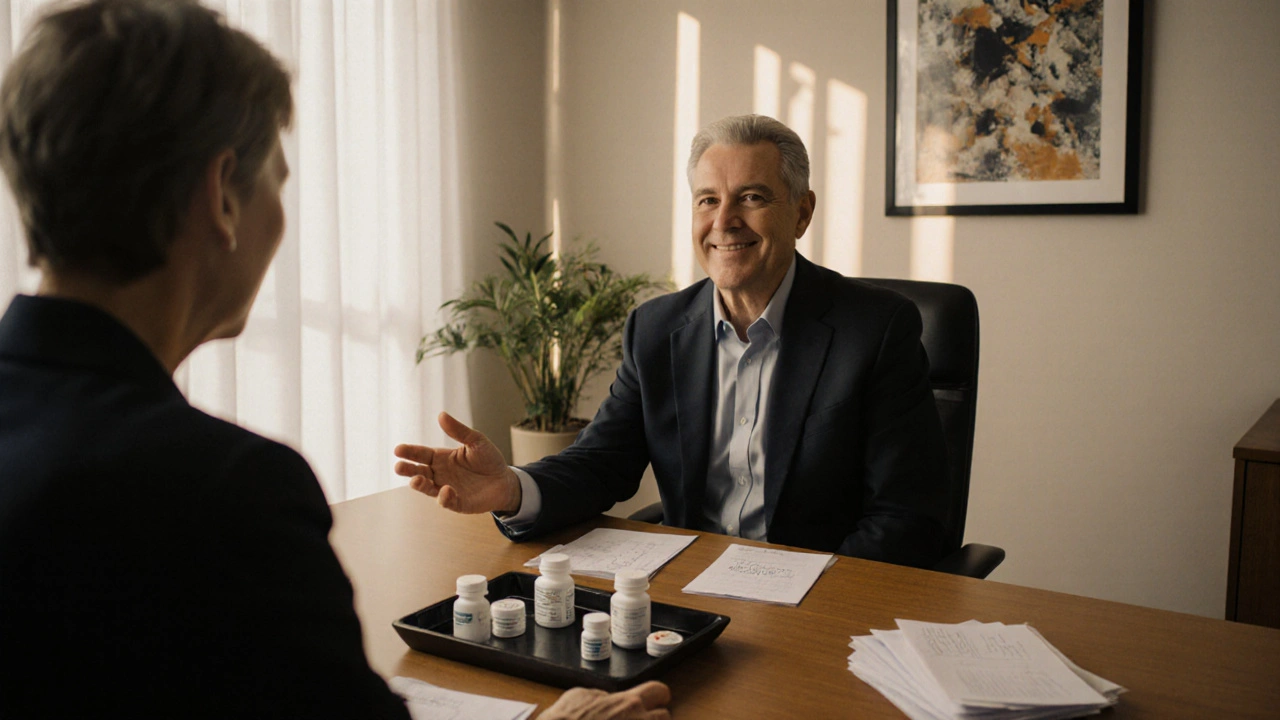 Patient and doctor discussing medication options at a desk in a sunny office.