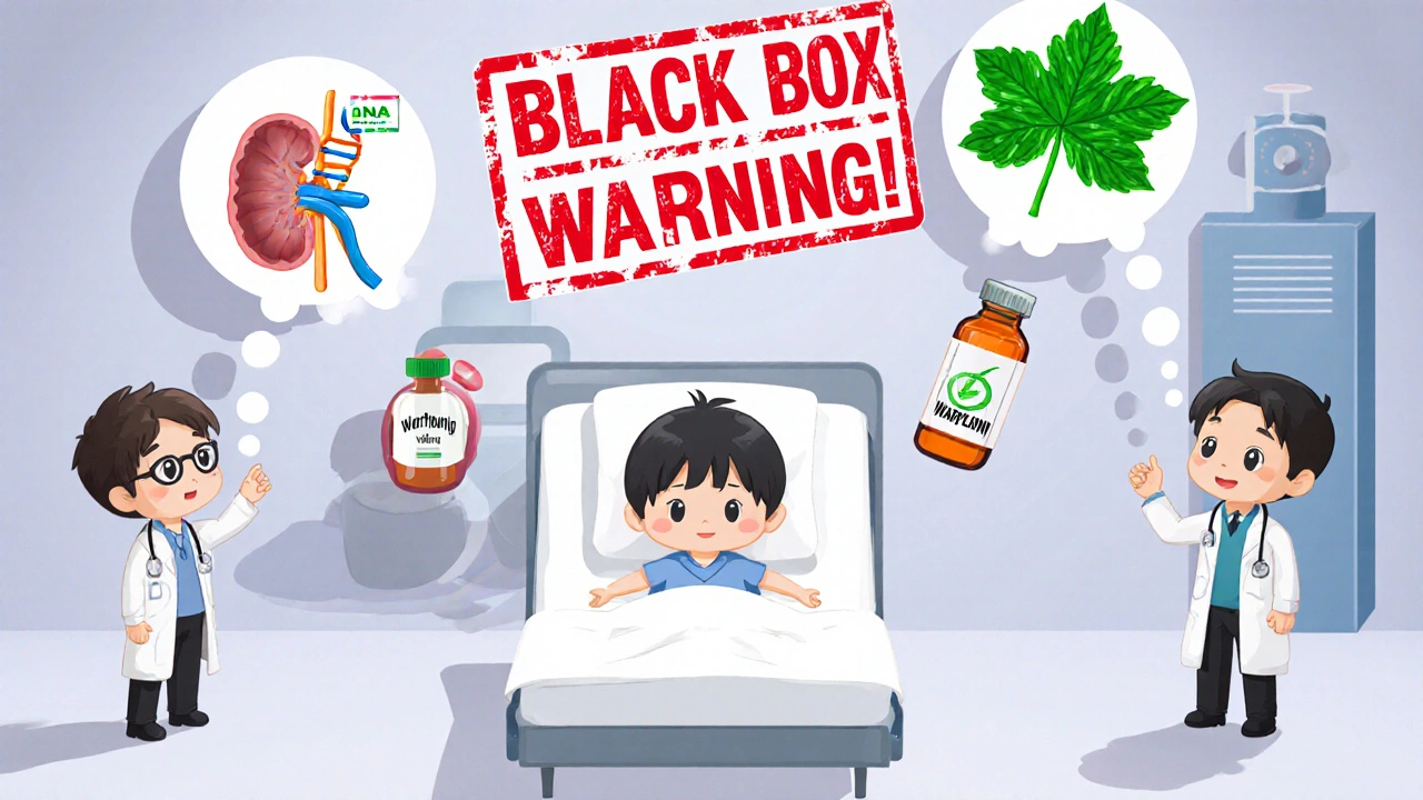 Patient surrounded by medical icons including DNA, kale, and a black box warning stamp.