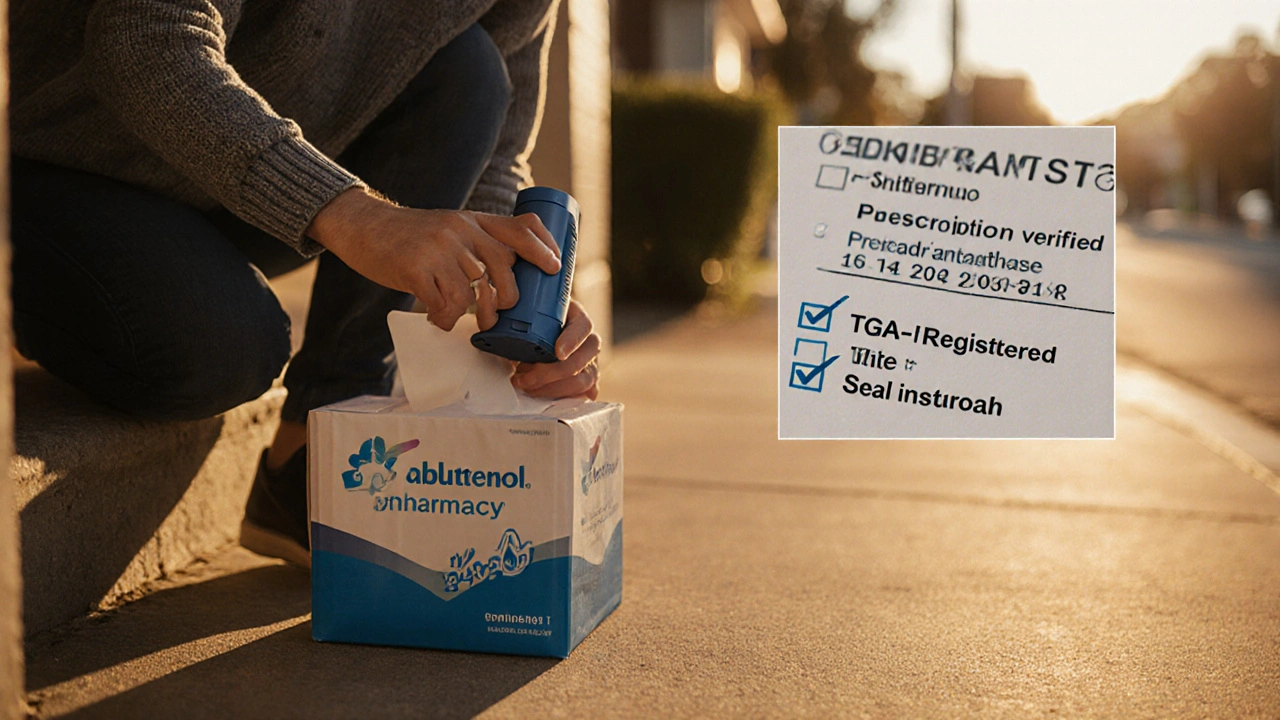 Person opening a delivery package, inspecting an inhaler on a suburban doorstep.