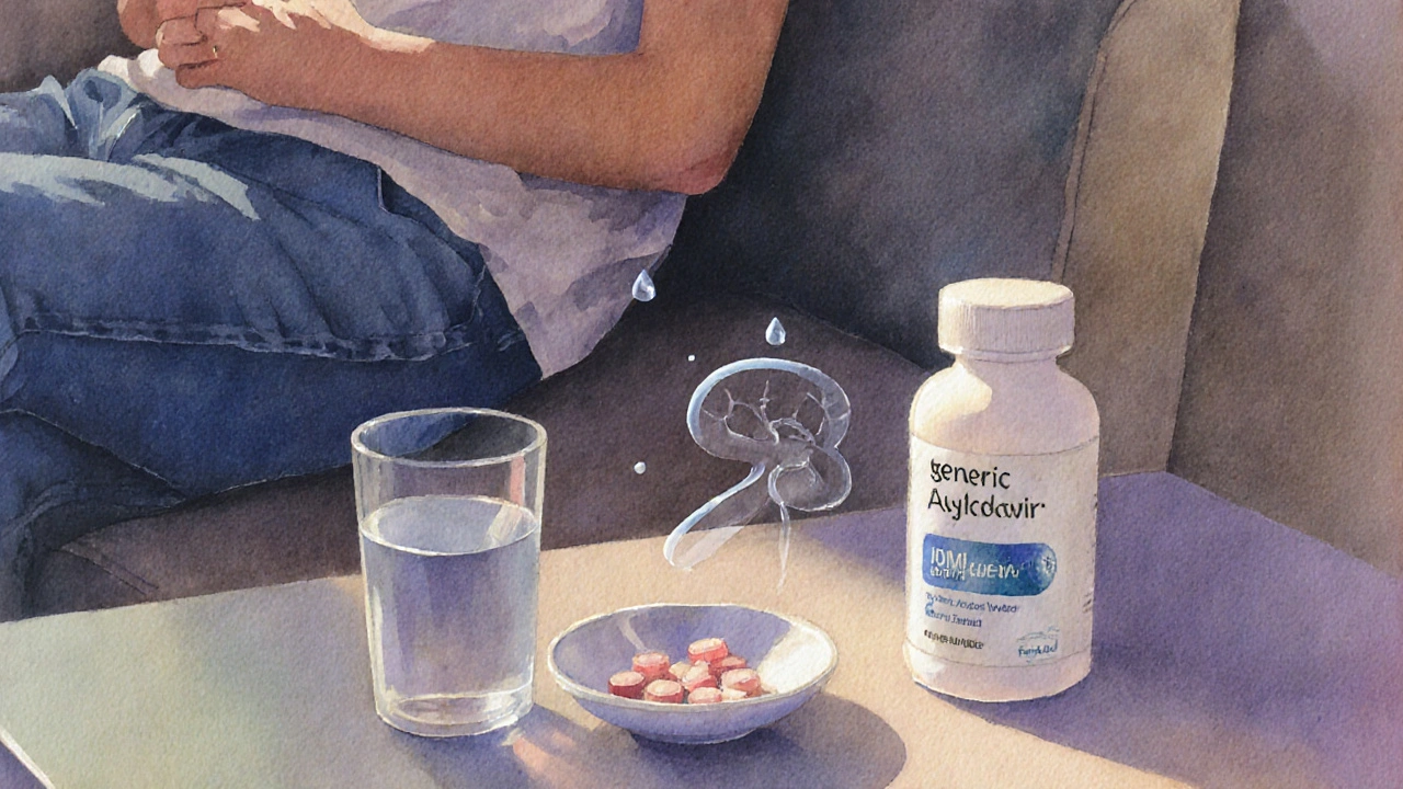 Person relaxing with water and a dish of generic acyclovir tablets, emphasizing safety and hydration.