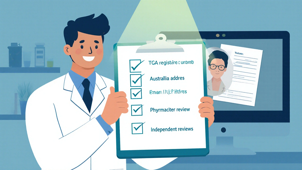 Pharmacist holding a checklist with verification steps beside a telehealth screen.