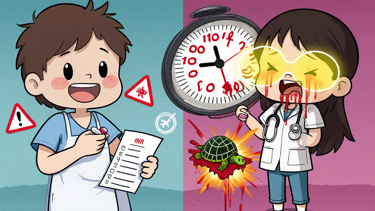 Split scene: happy patient vs. same patient with vomiting, yellow vision, and exploding INR meter.