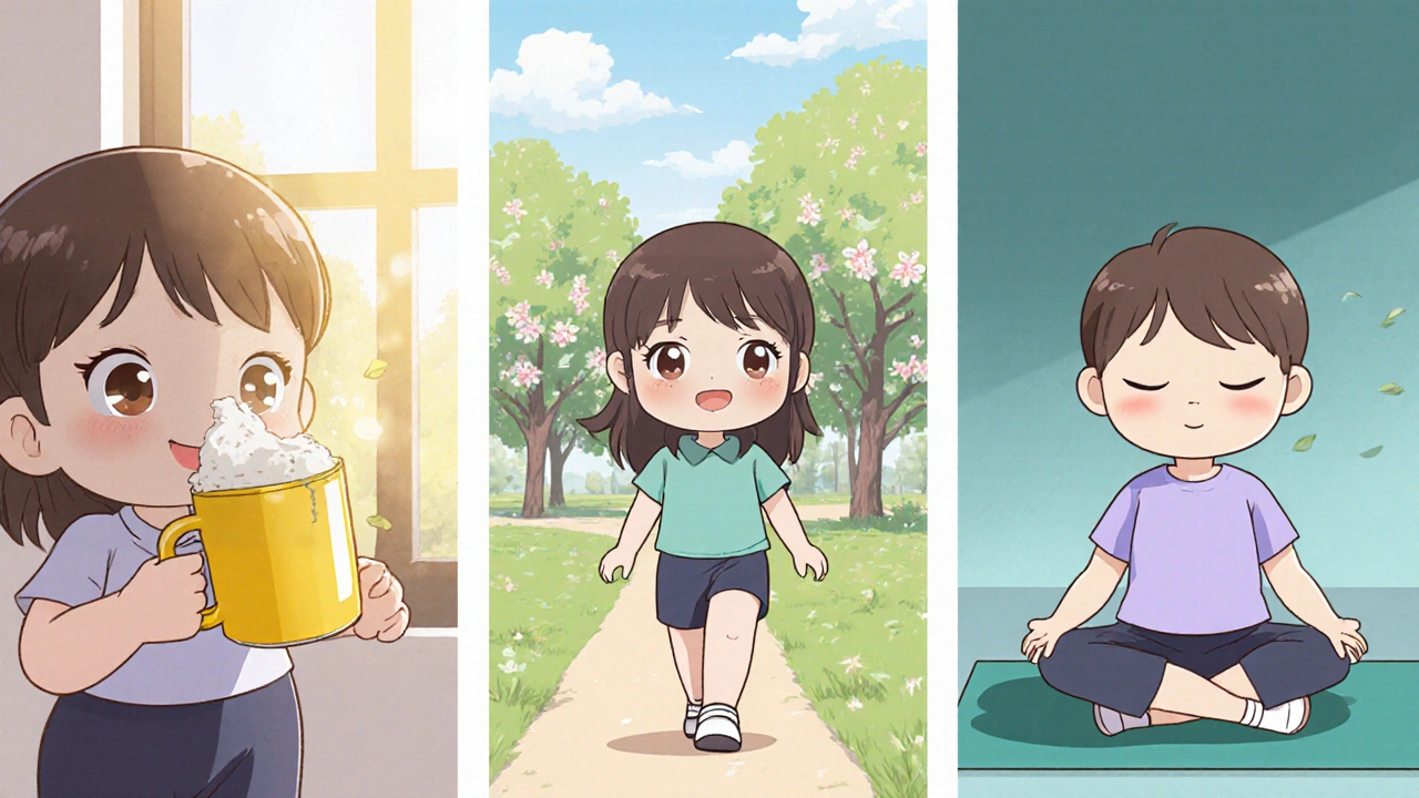Three chibi panels: sipping lemon water, walking in a park, meditating on a mat.