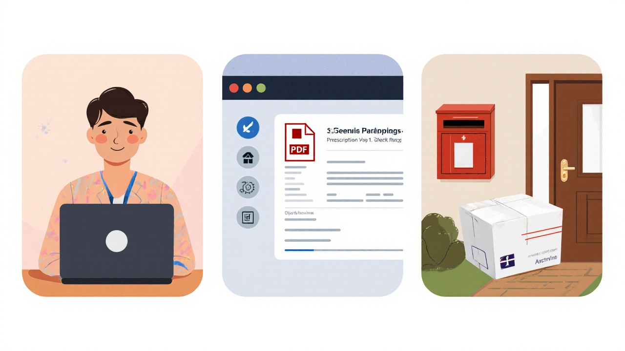 Three‑panel illustration of telehealth video call, uploading a prescription, and receiving a parcel.