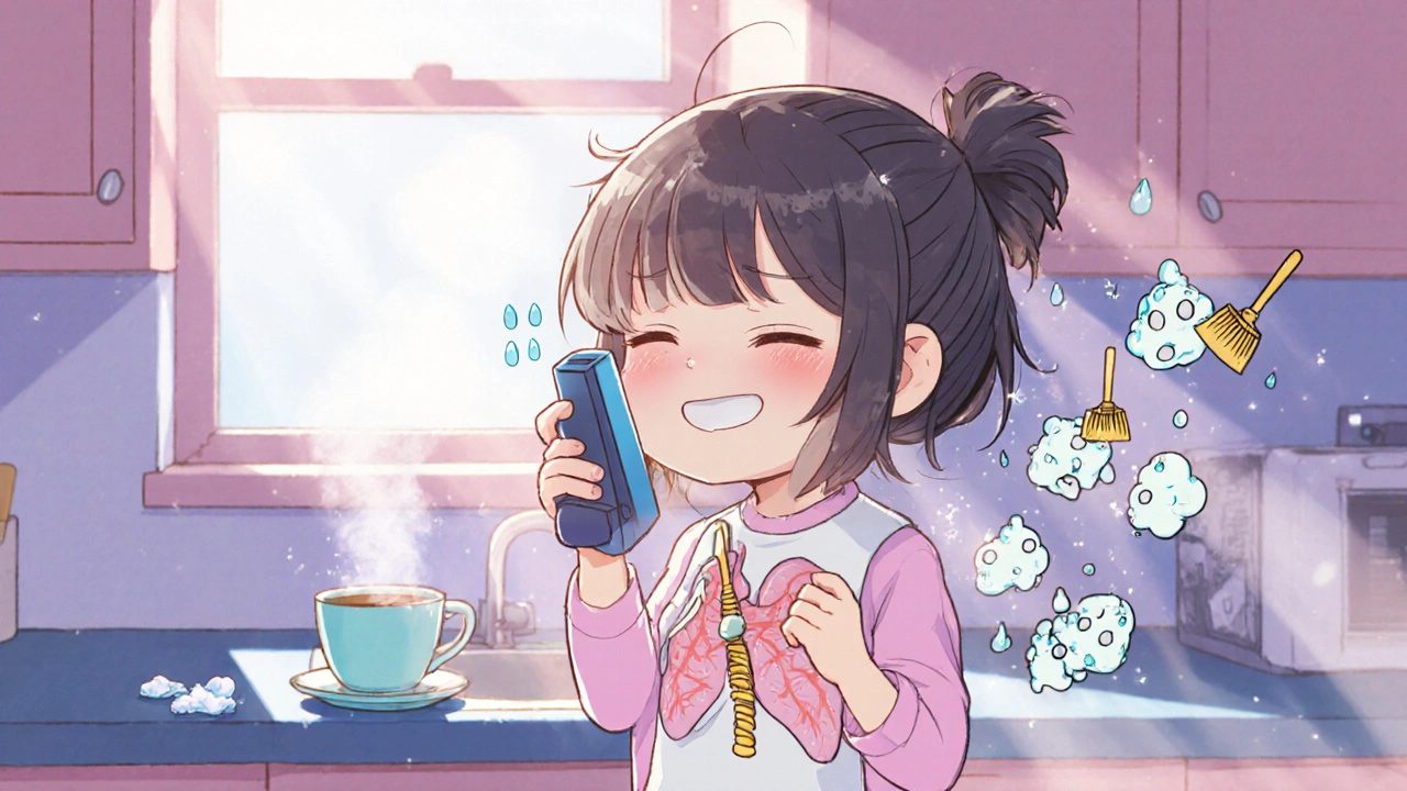 Woman smiling in kitchen as tiny cilia clean mucus from airways