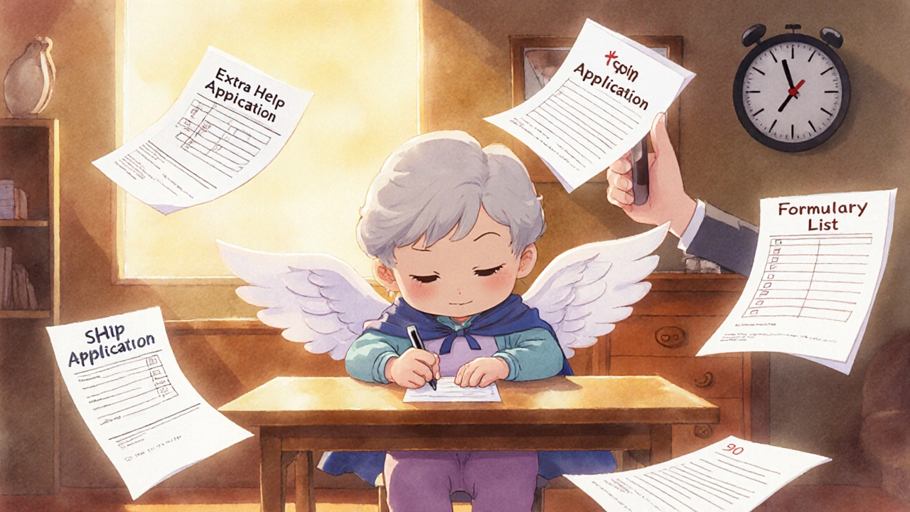 An elderly woman getting help from a paper-winged counselor to fill out a medication assistance application.