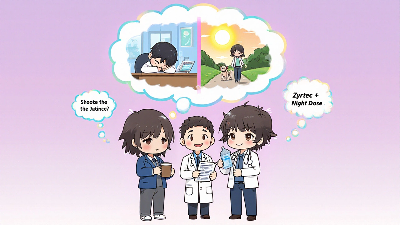 Chibi patient and doctor discussing medication switch with before-and-after scene.