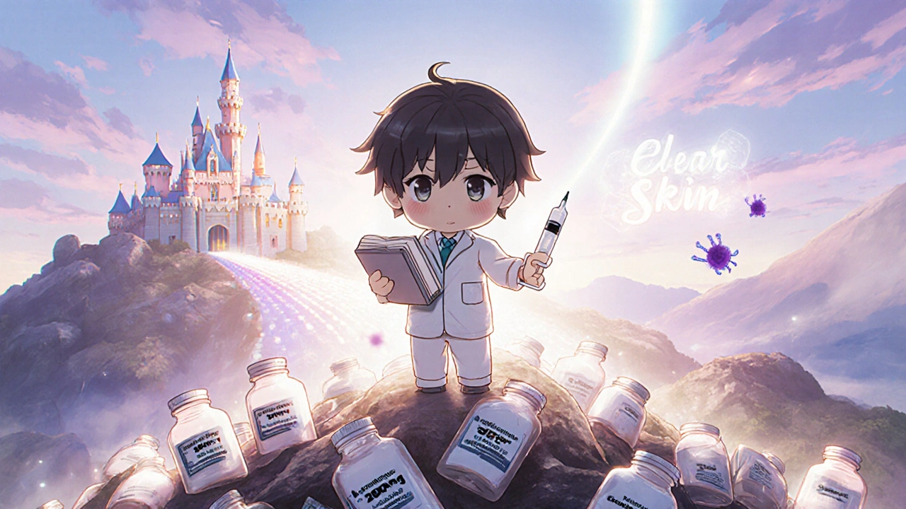 Chibi patient standing on antihistamine bottles, holding omalizumab syringe toward a clear skin castle.