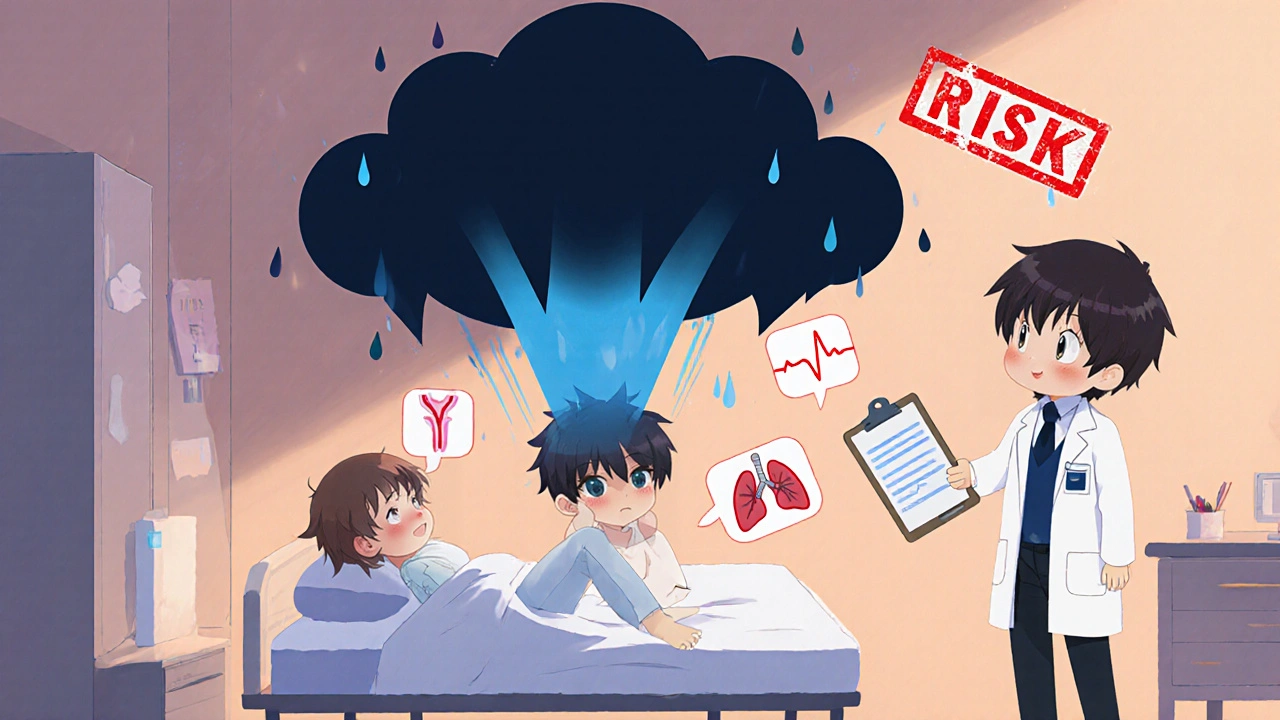 Chibi patient with a dark storm-cloud blood clot above their leg, doctor holding a risk clipboard.