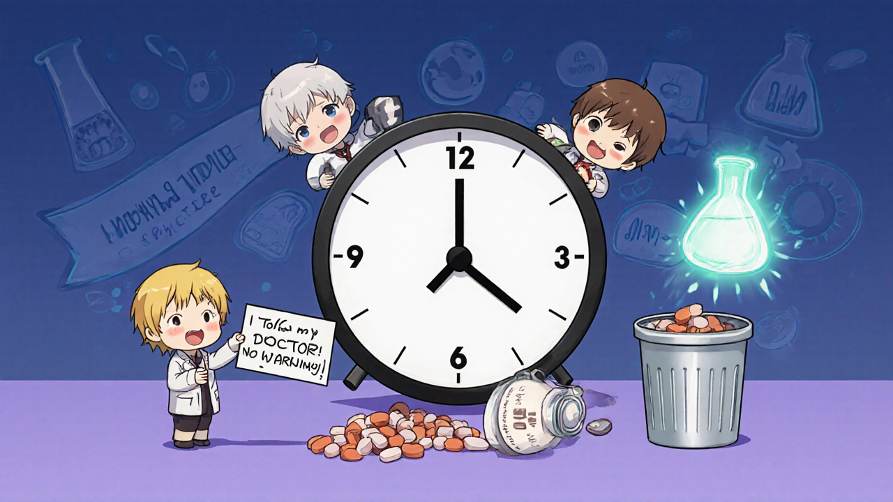 Chibi patients dropping biotin pills in trash with clock showing 3-7 day wait before tests.