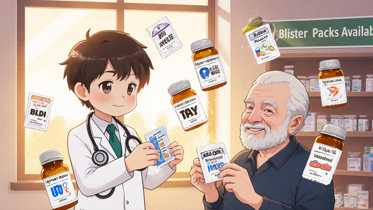 Chibi-style pharmacist assembling a pill pack for a smiling senior patient in a bright pharmacy setting.