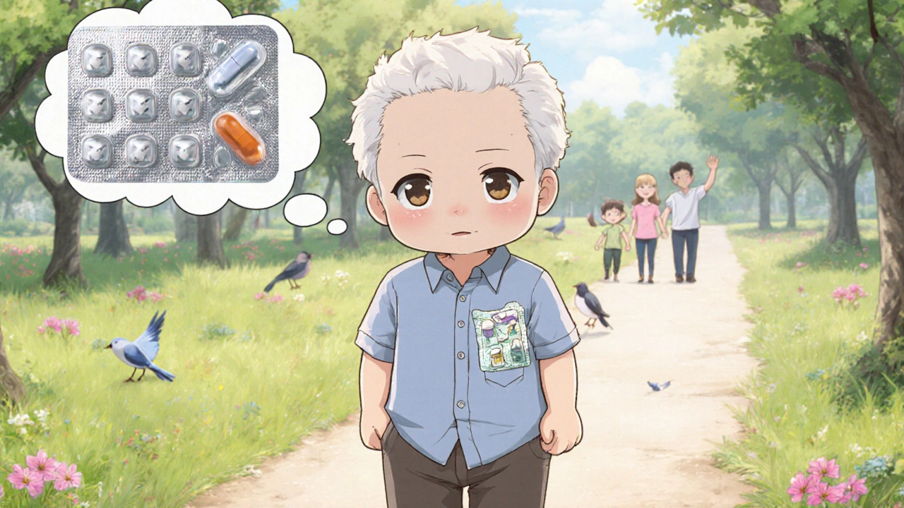 Chibi-style senior walking in a park with a pill pack pouch in pocket, surrounded by peaceful scenery.